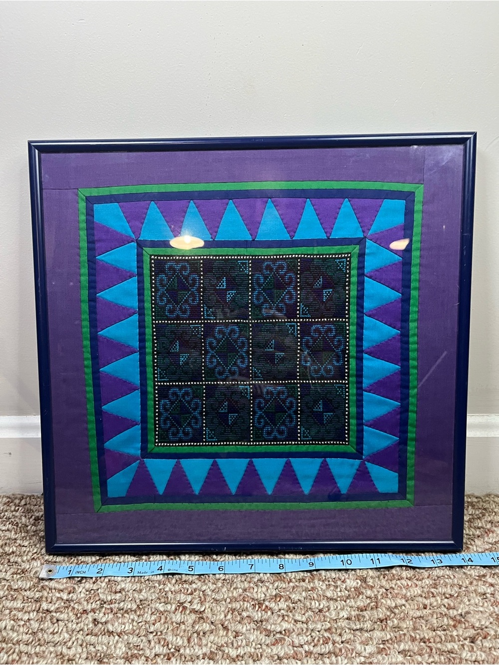 Vibrant Geometric Framed quilted Textile Art - Purple, Teal, Green